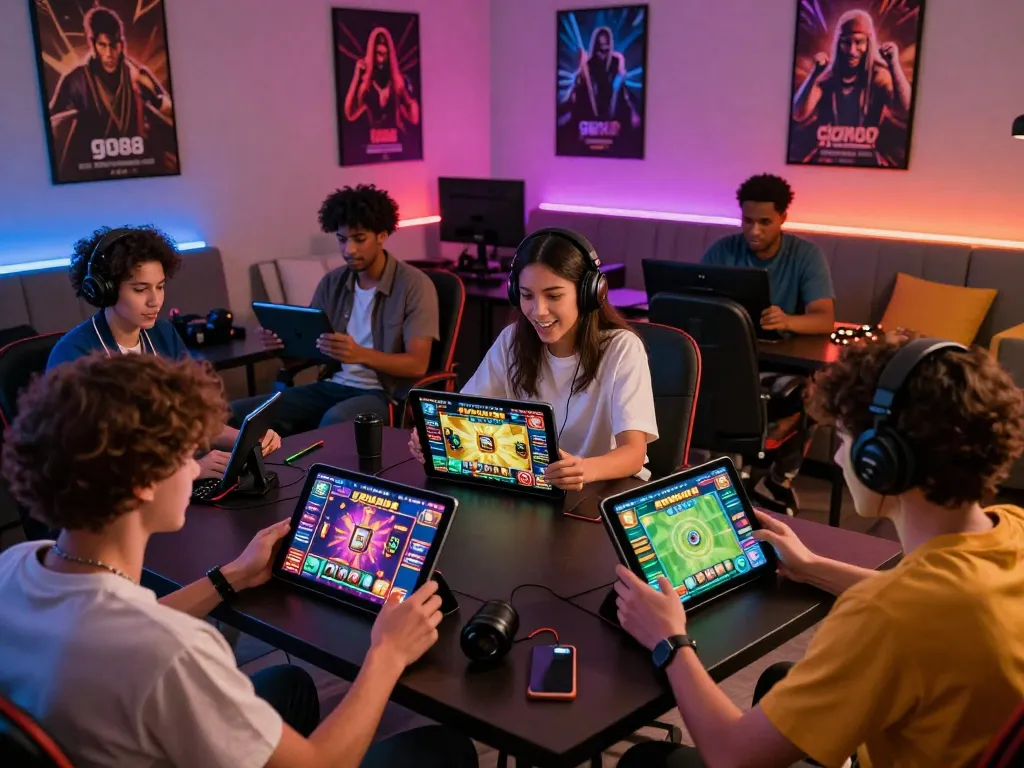 Players enjoying engaging go88 online games in a vibrant gaming lounge.