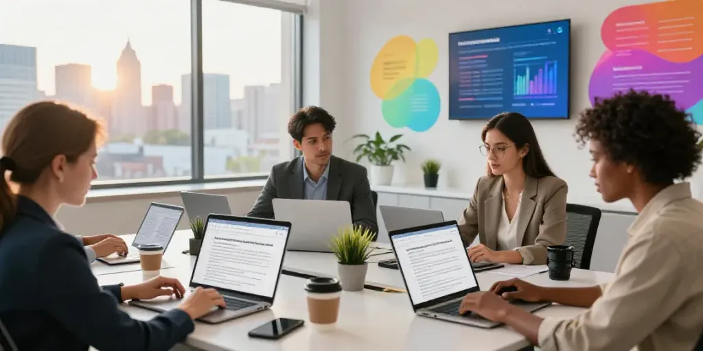 AI writing tools for real estate businesses in a modern office with diverse professionals collaborating.