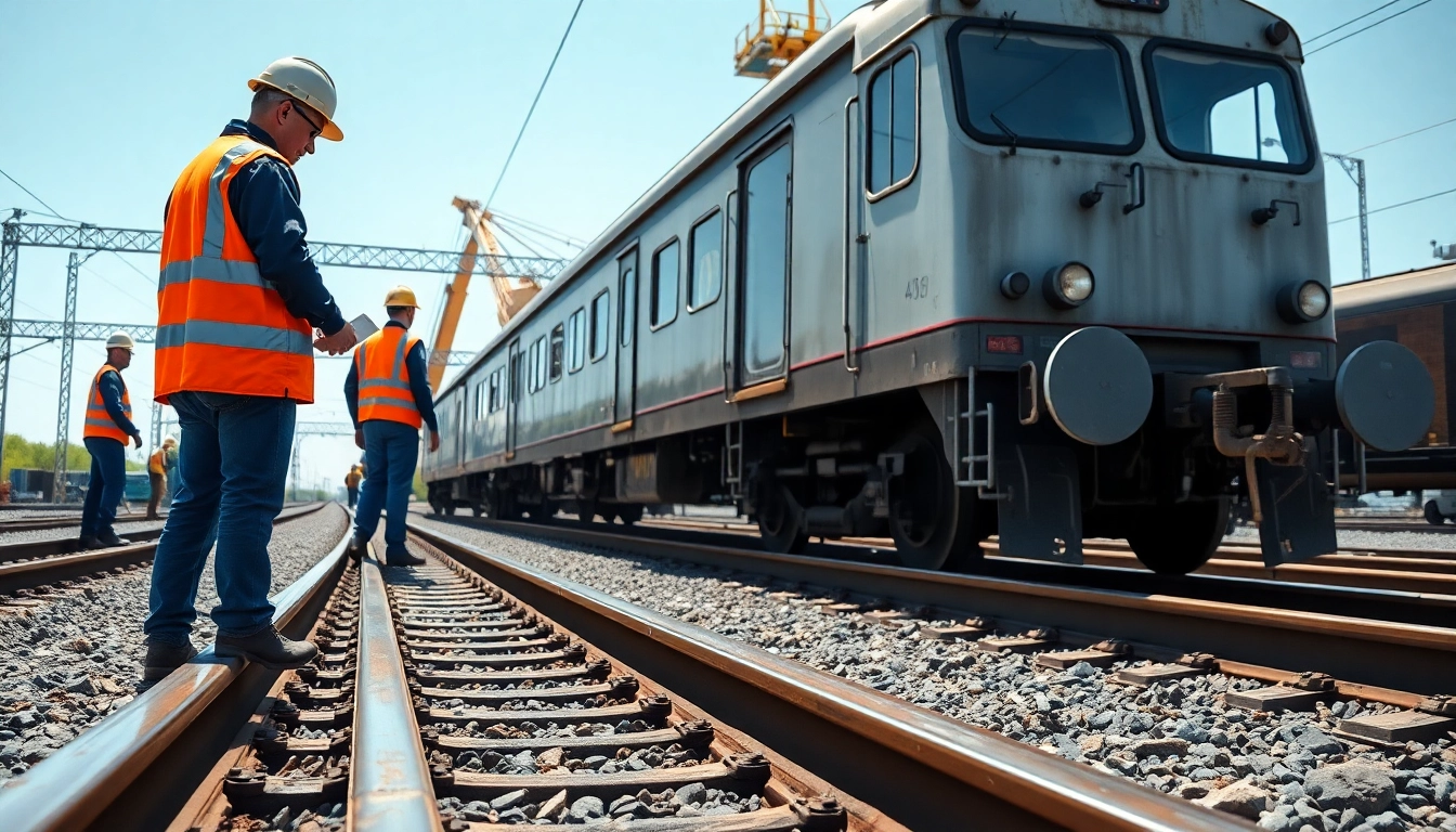 Performing derailment repairs with a team operating machinery to restore train safety.