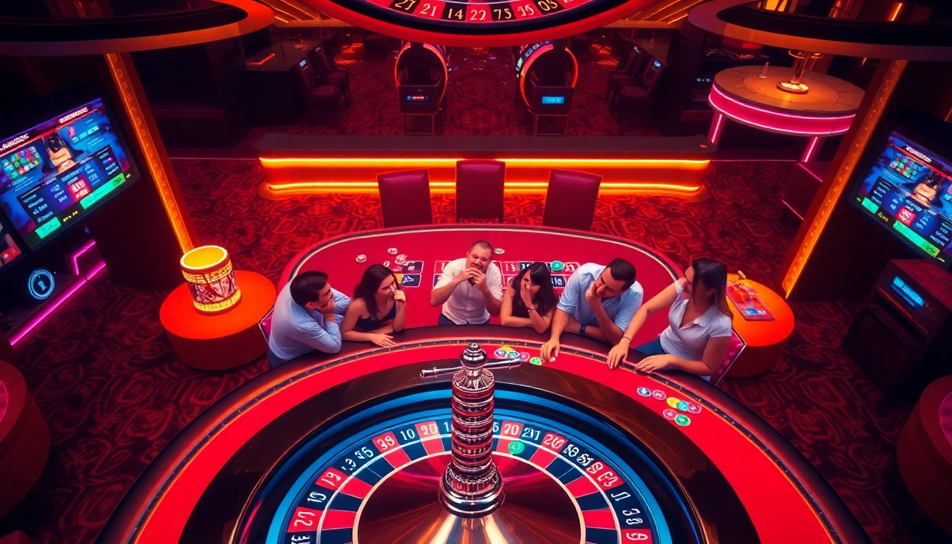 Une scène palpitante de joueurs pariant à une table de roulette dans le meilleure casino en ligne, montrant excitation et luxe.