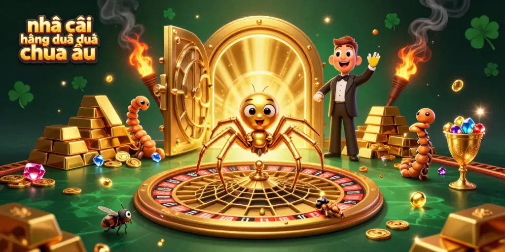 Cảnh một con nhện vàng 3D đang quay web vàng hình bánh roulette, biểu trưng cho nhà cái hàng đầu đến từ châu âu