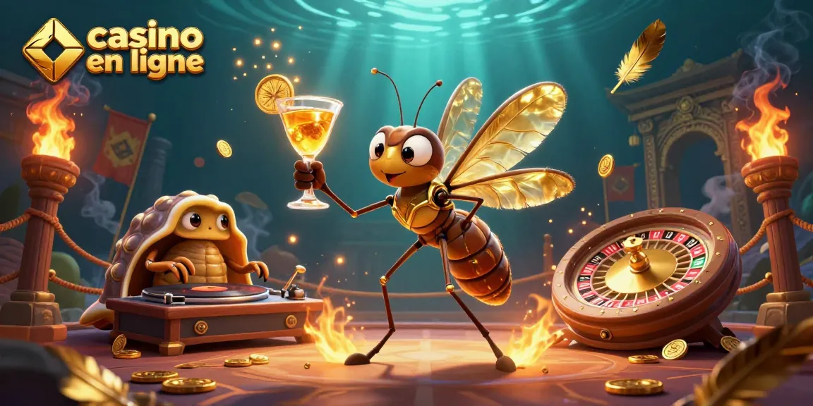 Un casino en ligne animé avec un moustique mascotte, un DJ trilobite, et une roulette en spirale, vibrant de vie.
