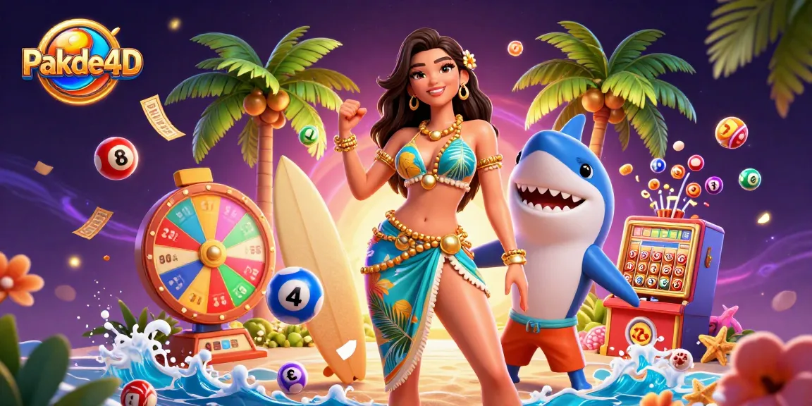 Spin to win with Pakde4D as vibrant lottery elements and a cheerful beach scene come alive.