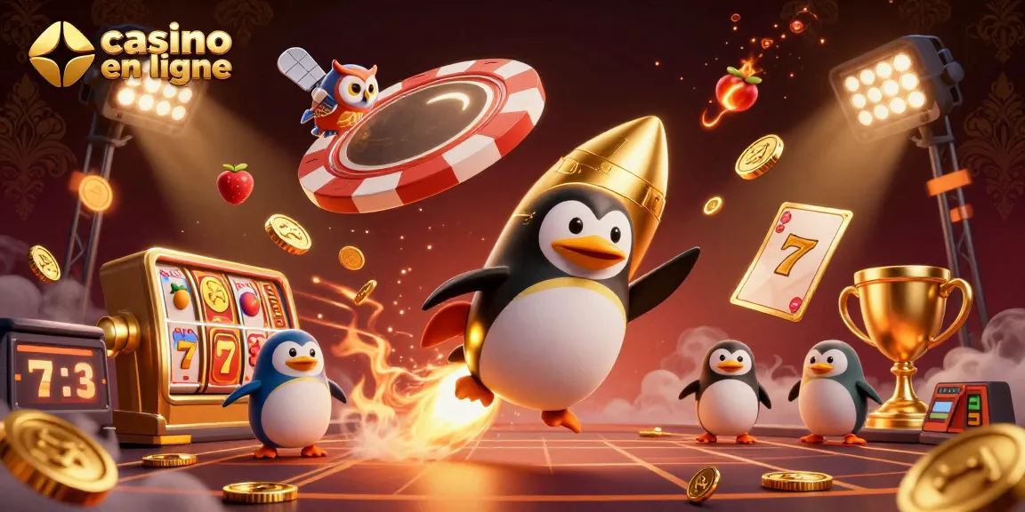 Jouez à casino en ligne avec des éléments de jeu, un pingouin en or voyageant entre les machines à sous.