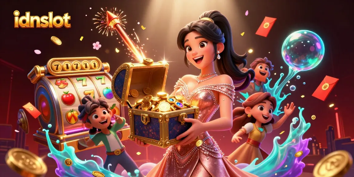 Experience thrilling gameplay with idnslot as the stunning Asian woman unveils golden treasures in a vibrant casino atmosphere.