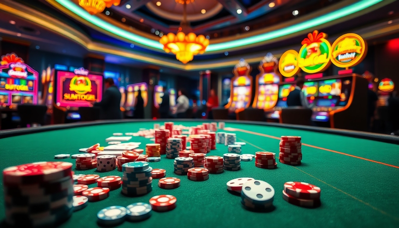 Terlibat dalam aksi Sumotogel di meja kasino yang penuh warna dengan chip, dadu, dan kartu.