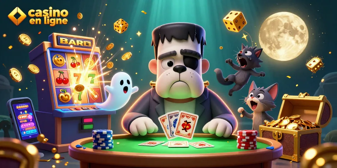 Profitez d'une scène animée de casino en ligne avec un bulldog Frankenstein et un chat-garou.