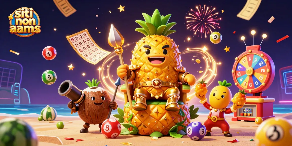 Siti non AAMS presenta un re ananas che troneggia con guardie di cocco e jester di mango su sfondo festivo