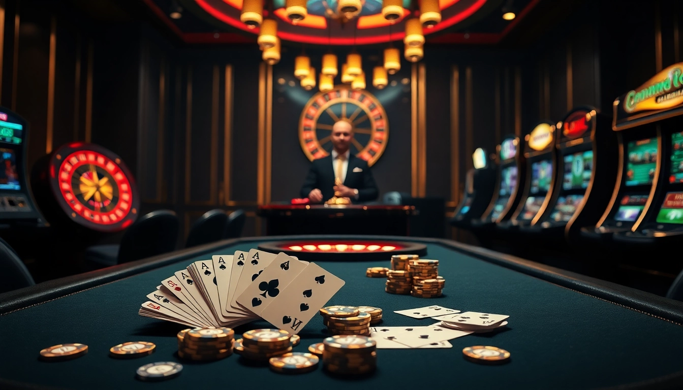 Participez à des jeux palpitants au meilleur casino en ligne, mettant en avant une table de poker accueillante et une roue de roulette illuminée.
