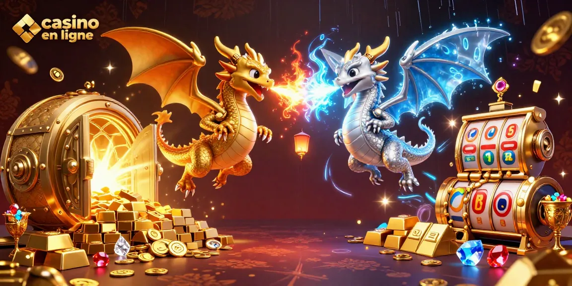 Jouez au casino en ligne avec des dragons 3D et des éléments de jackpot scintillants.