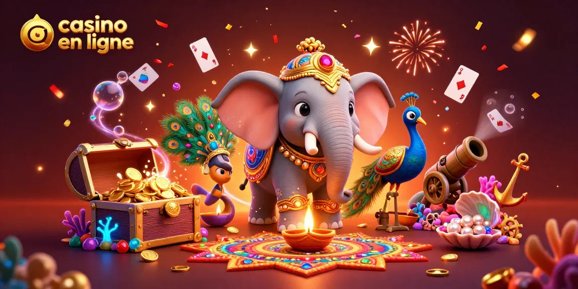 Visualisation festive de casino en ligne avec un éléphant et un paon, captivant et coloré.