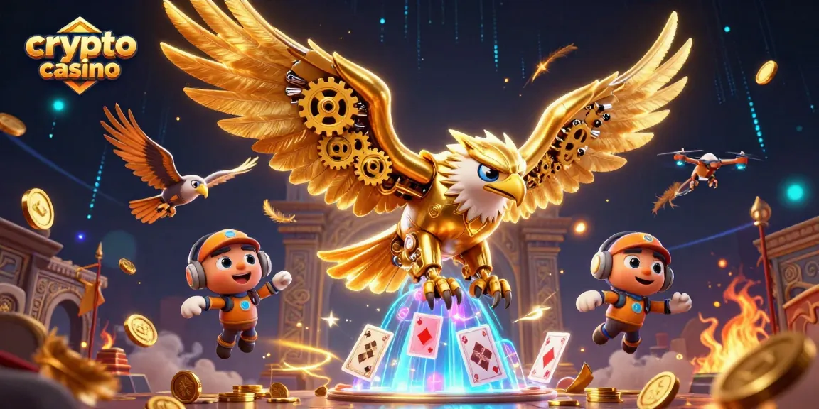 Casino crypto avec un aigle cybernétique plongeant sur des cartes holographiques, ambiance dynamique.