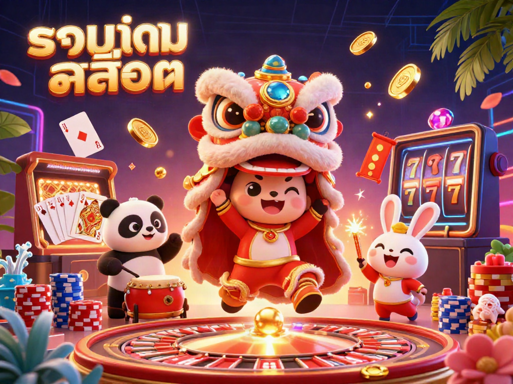Experience the thrill of รวมเกมสล็อต with a lively lion dance and dazzling casino elements.