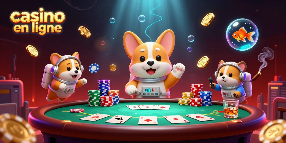 Illustration animée montrant un corgi astronaute dans un casino en ligne flottant avec des jetons de poker.