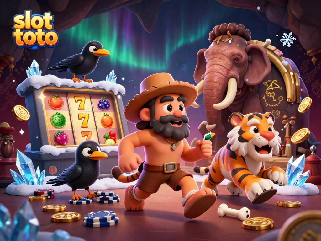 Engage in thrilling slot toto action with a vibrant prehistoric casino scene.
