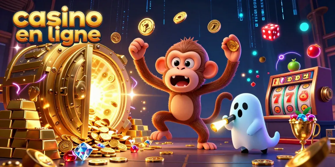 Composition dynamique dans un casino en ligne, mêlant un singe poltergeist et un chiot chasseur de fantômes, entourés de trésors.