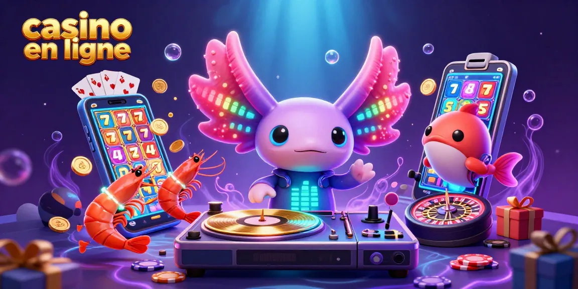 Jouez aux machines à sous sur casino en ligne avec un axolotl DJ et des personnages marins colorés.