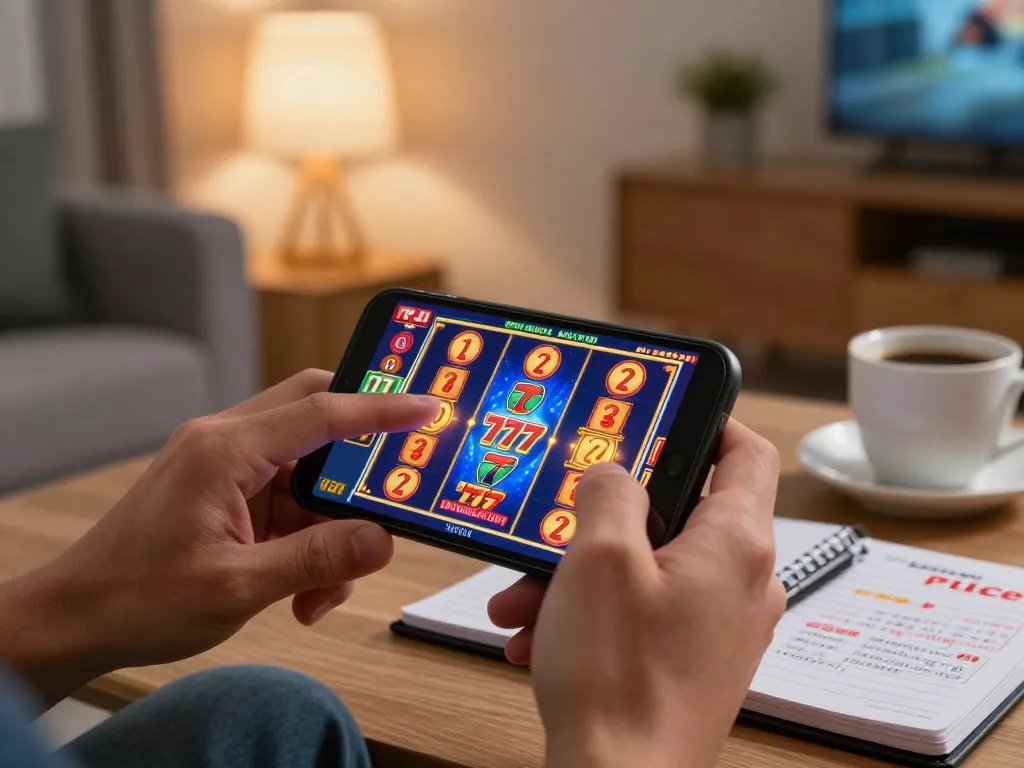 Engaging with slot777 on a smartphone, showcasing a vibrant gaming experience in a cozy home setting.
