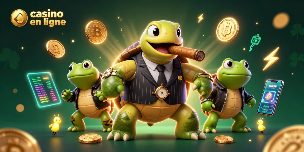 Découvrez l'univers du casino en ligne avec cette illustration dynamique d'une tortue et ses alliés.