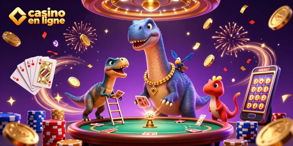 Jouez aux jeux de casino en ligne avec un brontosaurus majestueux et un raptor distribuant des cartes.