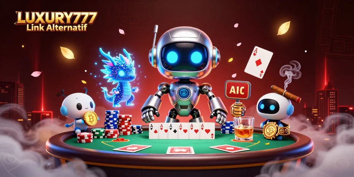 Menggandeng LUXURY777 Link Alternatif, robot cyberpunk dan teman naga AI beraksi di meja poker yang penuh chip dan kartu.