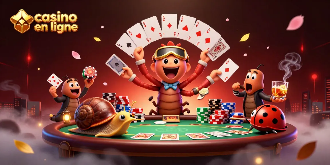 Jouer dans un casino en ligne avec un croupier millipède, des cartes de poker et des jetons colorés.