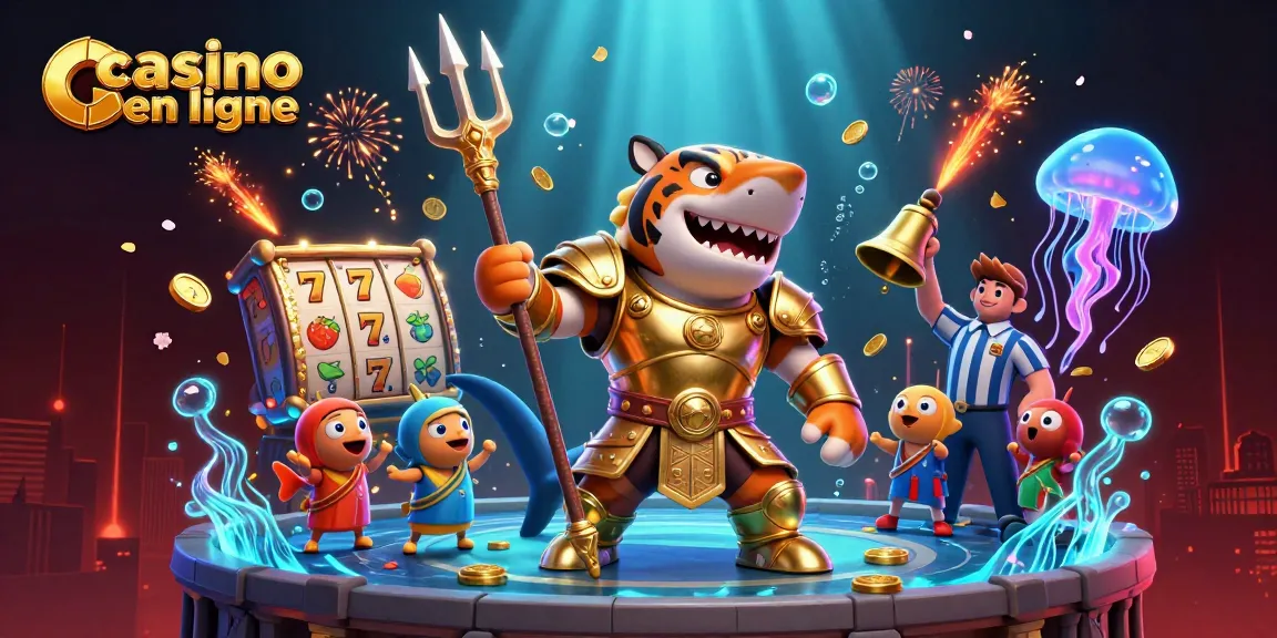 Plongez dans l'univers du casino en ligne avec un tigre requin en armure d'or, entouré de détails flamboyants.