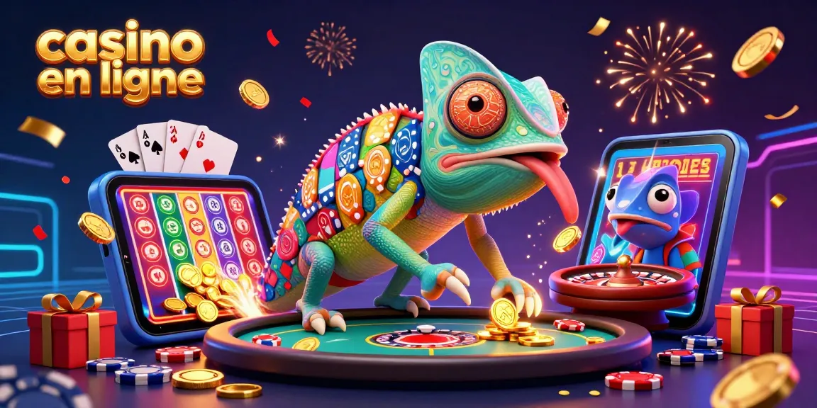 L'illustration d'un propriétaire de casino en ligne, un caméléon aux couleurs des jetons de poker, saisissant des pièces d'or.