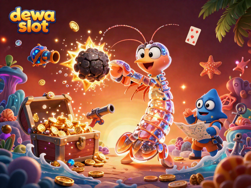 Ilustrasi 3D dewa slot menunjukkan samurai udang mantis galaksi bertarung dengan asteroid dan menghasilkan koin emas.