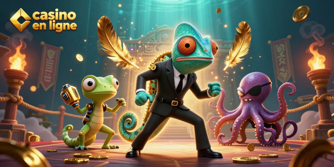 Jouez au casino en ligne avec un caméléon espion et un gecko gadget à côté d'une pieuvre maléfique.