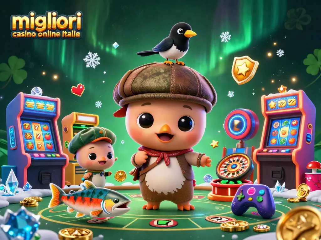Gioca nei migliori casino online Italia con una scena ricca di elementi di gioco come slot machine e ruote della fortuna.