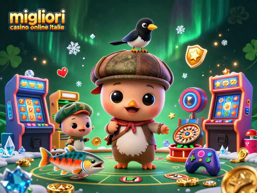Gioca nei migliori casino online Italia con una scena ricca di elementi di gioco come slot machine e ruote della fortuna.