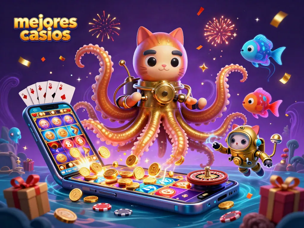 Juega en los mejores casinos mientras una kraken dorada y un gato buceador iluminan la escena con juegos y emoción.