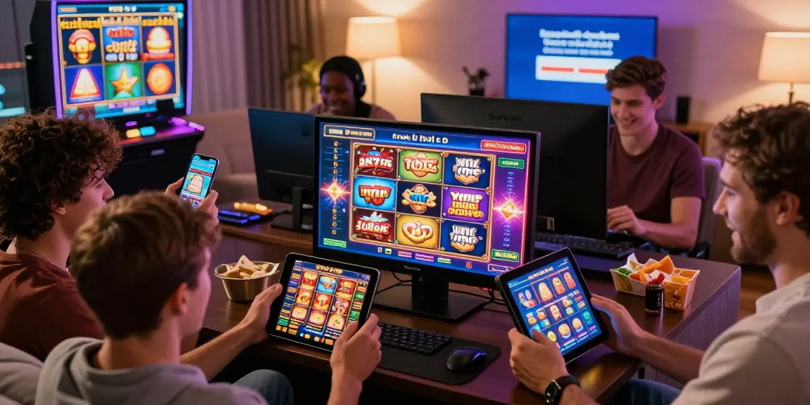 Exciting casino gaming atmosphere at credit card casinos UK, showcasing diverse players and colorful slot game graphics, emphasizing fun and responsible gambling.