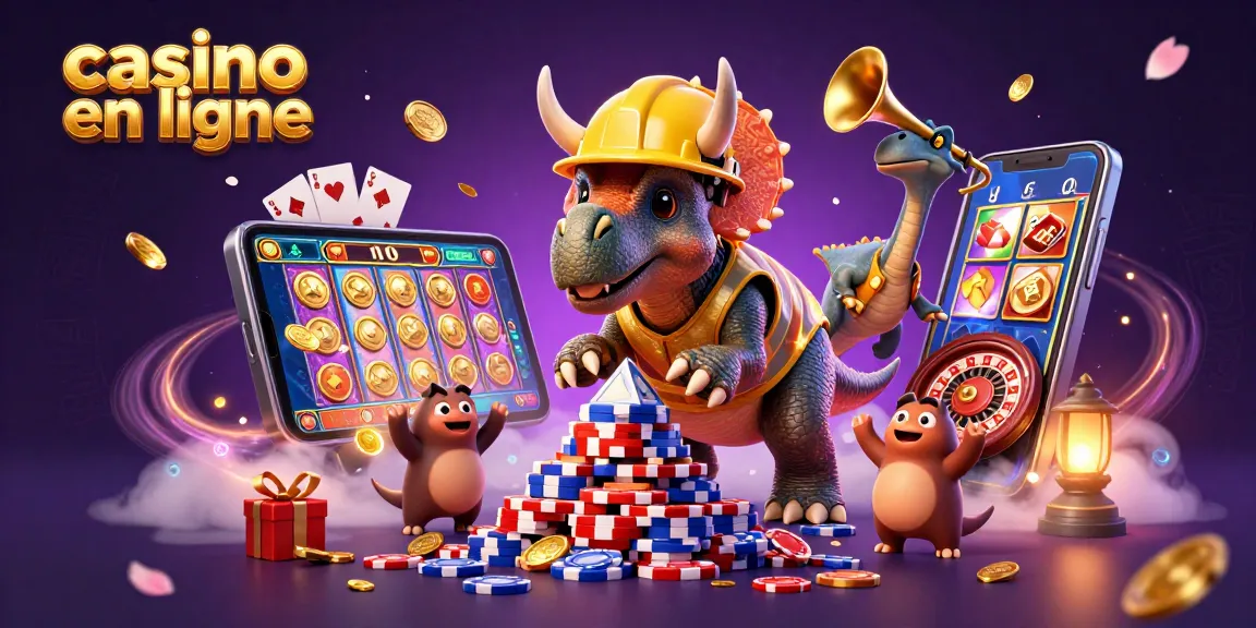Jouez au casino en ligne avec des personnages animés construisant des jetons de poker au milieu de jeux brillants.