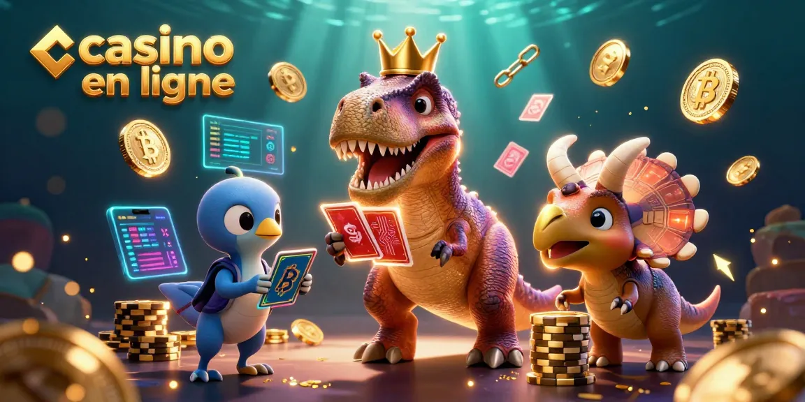 Casino en ligne : un T-Rex drôle mélangeant des cartes pendant qu'un triceratops entasse des jetons d'or
