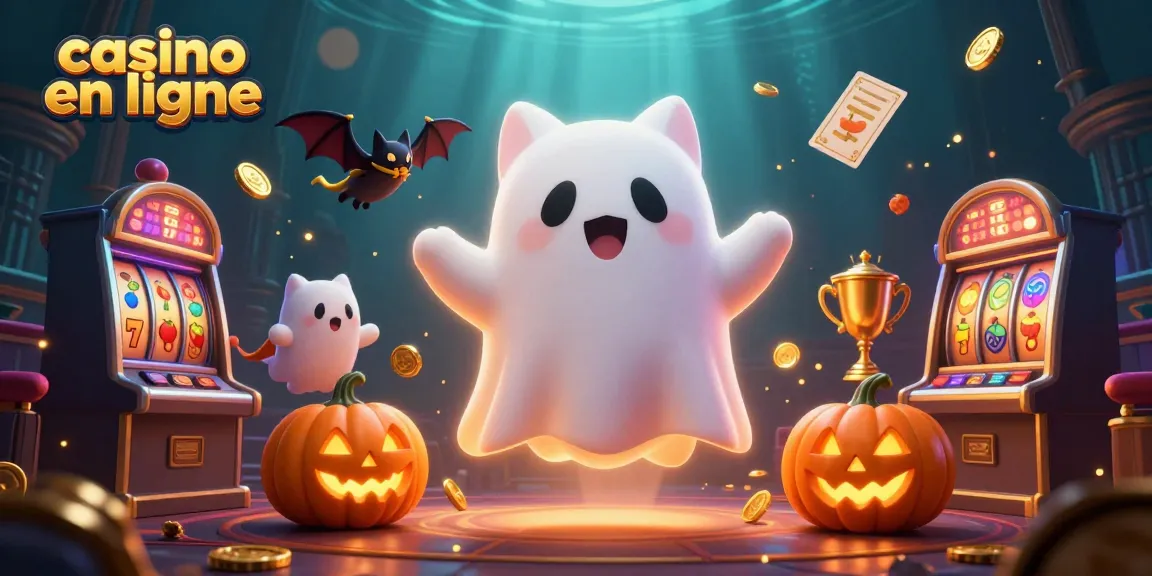 Illustration d'un casino en ligne avec un chat fantôme, un vampire et des symboles de casino, illustrant des gains potentiels.