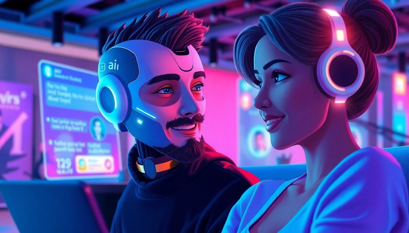 Engaging AI chat sex interaction in a vibrant digital lounge with a friendly chatbot.
