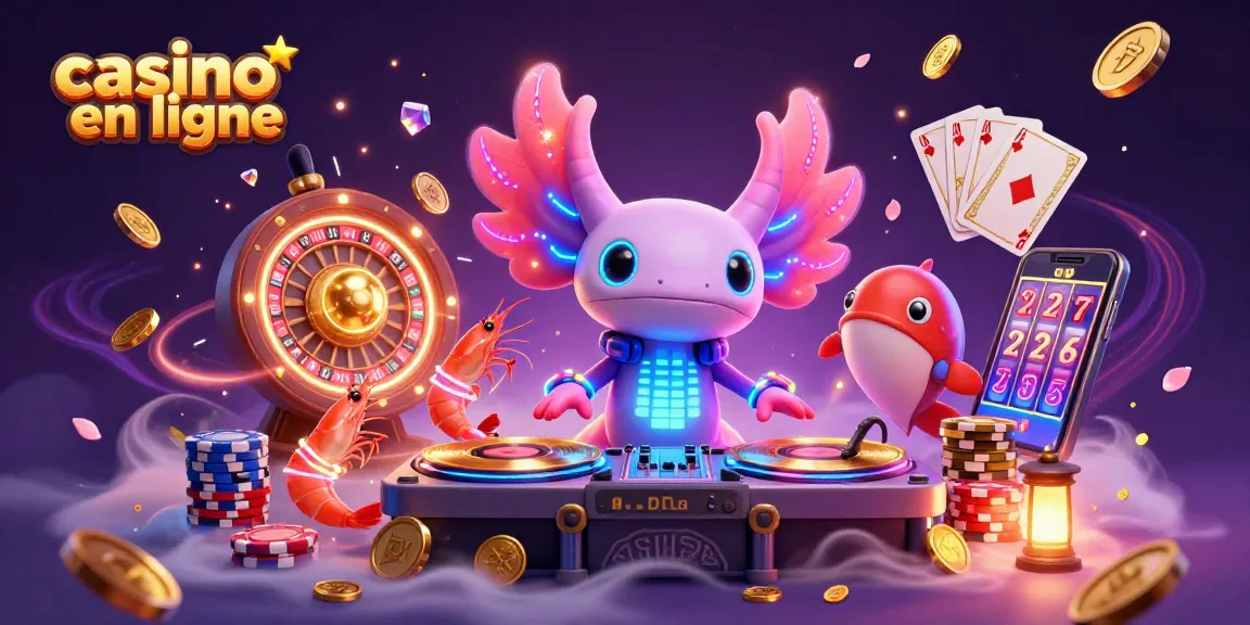 Casino en ligne avec un DJ axolotl et des éléments animés, pièces d'or et jetons colorés.