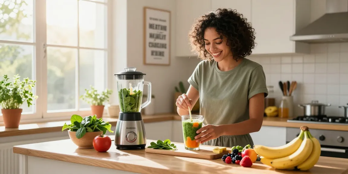 Healthy lifestyle scene featuring rokok88 smoothie preparation with fresh ingredients in a bright kitchen.