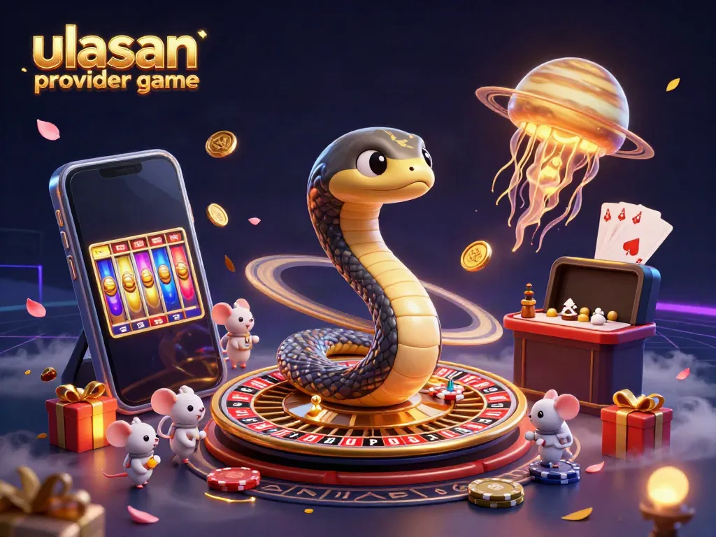Ilustrasi 3D detail tinggi menunjukkan ulasan provider game dengan elemen kasino, simbol slot, dan dealer kosmik.