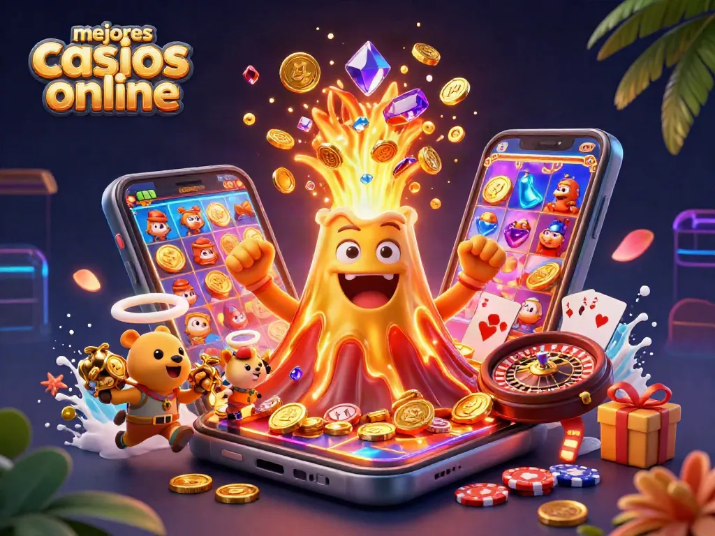 Descubre los mejores casinos online a través de una ilustración vibrante y dinámica que resalta la emoción del juego.