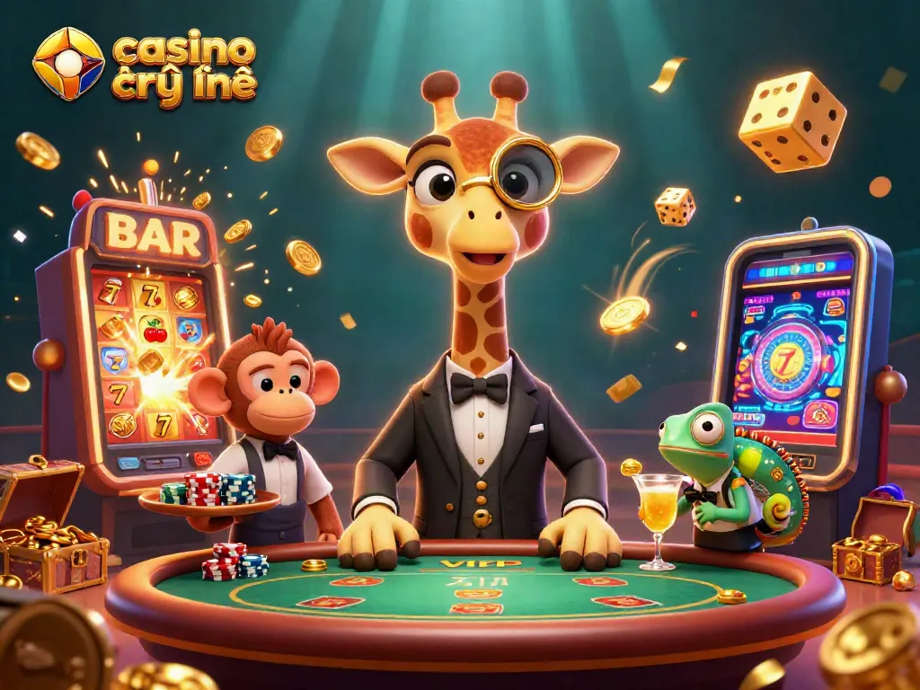 Các trò chơi casino trực tuyến đầy màu sắc với giraffe cầm chip trên bàn poker.