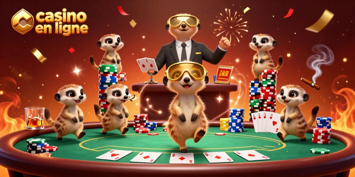 Découvrez le casino en ligne avec des suricates animés jouant aux cartes et célébrant des gains.