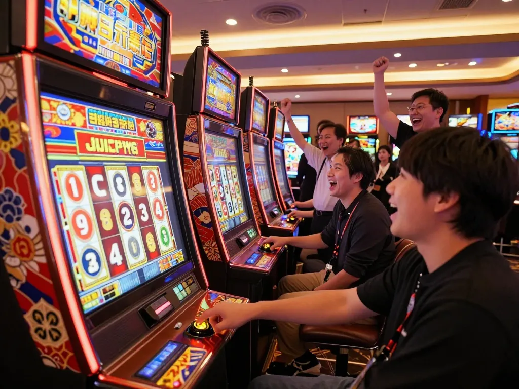 Excited players engaging with slot jepang machines, pressing spin buttons amidst a lively atmosphere.