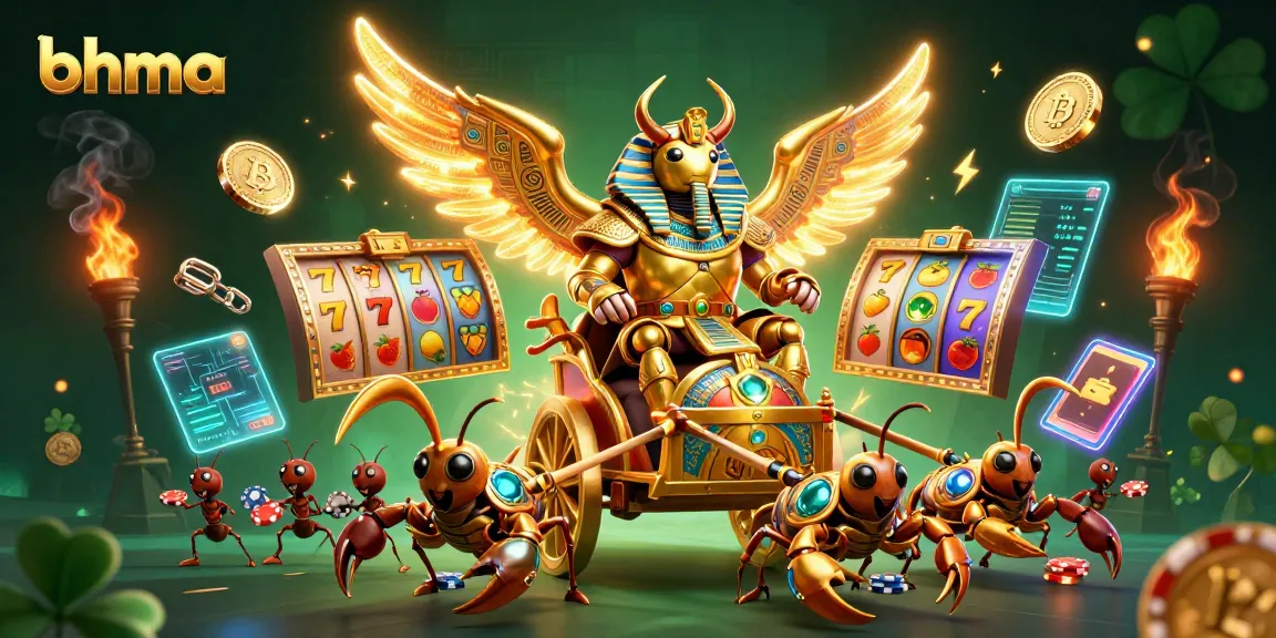Engage with bhma's epic casino scene showcasing a golden scarab chariot amidst vibrant slot reels.