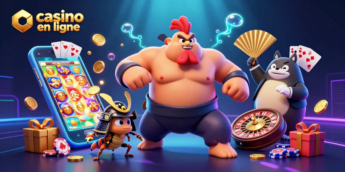 Illustration animée représentant une scène de casino en ligne avec un sumo, un criquet et un tanuki.