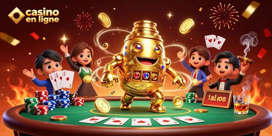 Gagnez en jouant au casino en ligne avec une illustration dynamique présentant des jeux de cartes et des jetons.