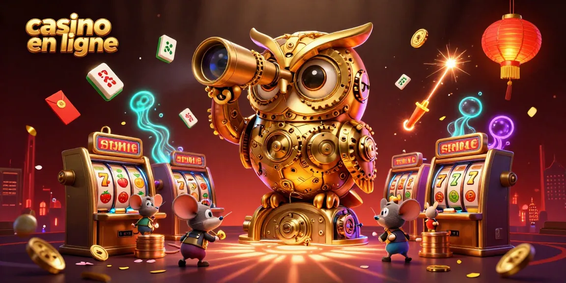 Plongez dans l'univers du casino en ligne avec cette illustration dynamique réunissant un hibou en or et des machines à sous scintillantes.