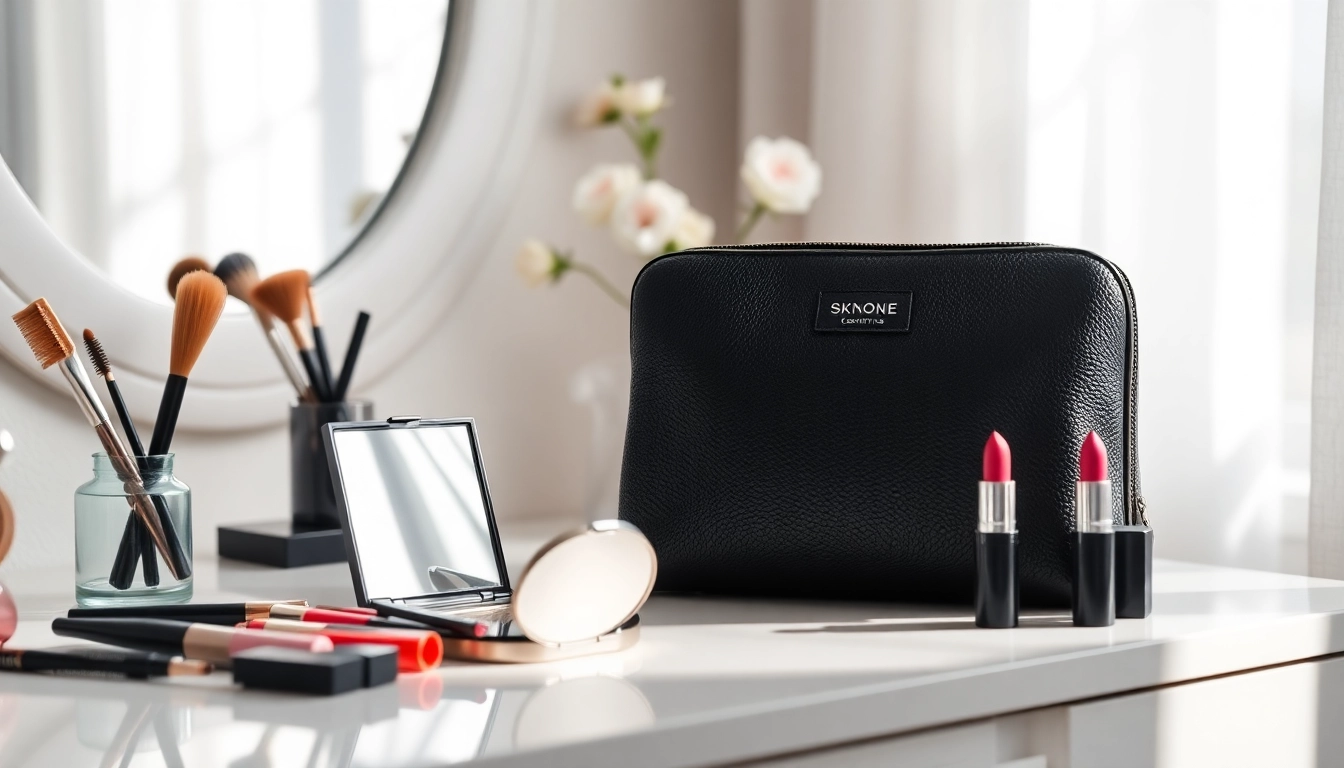 Showcase the skone cosmetics signature makeup bag with vibrant makeup elements on a vanity.